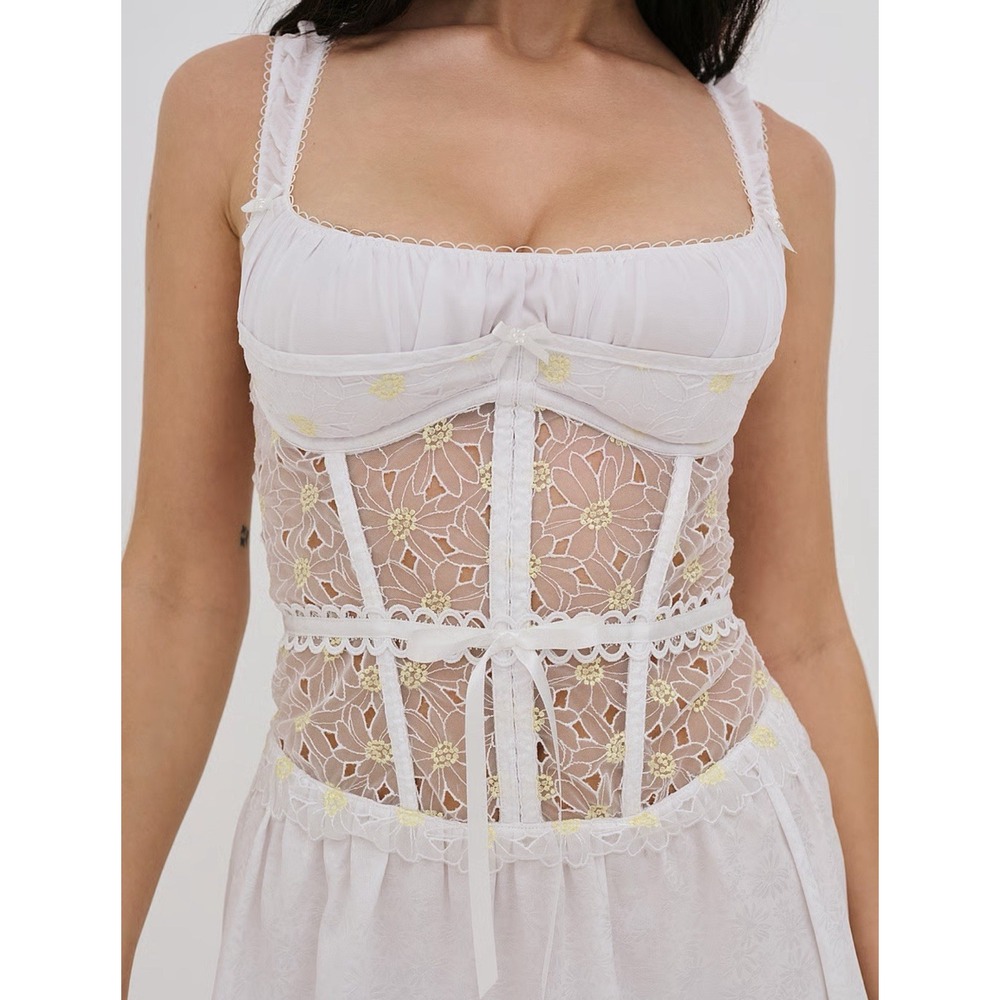 New! For Love‎ And Lemons Christy Slip Dress White/Yellow Size Medium
